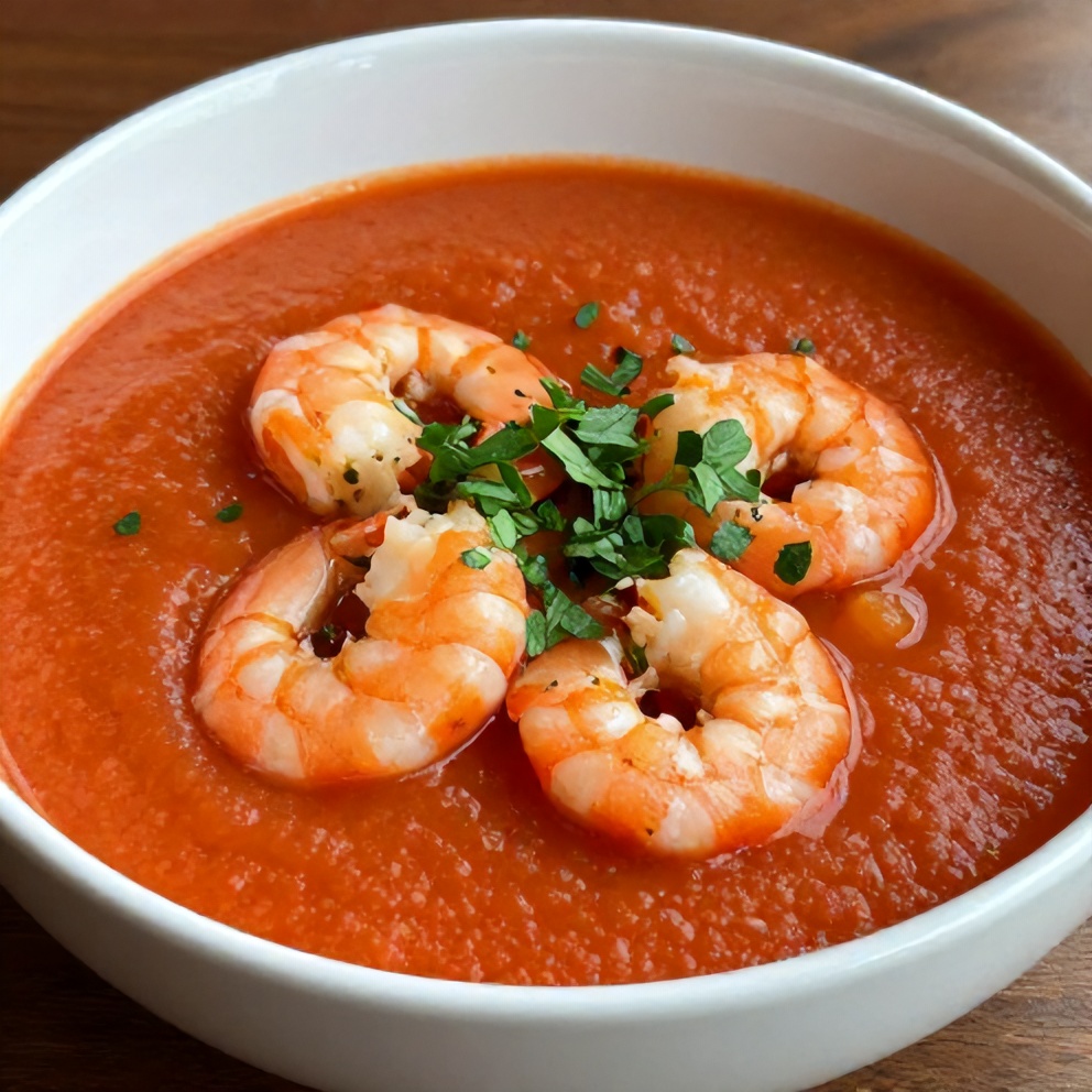 Gazpacho with shrimp in a bowl, garnished with fresh herbs