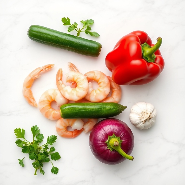 Raw ingredients for gazpacho with shrimp on a marble surface