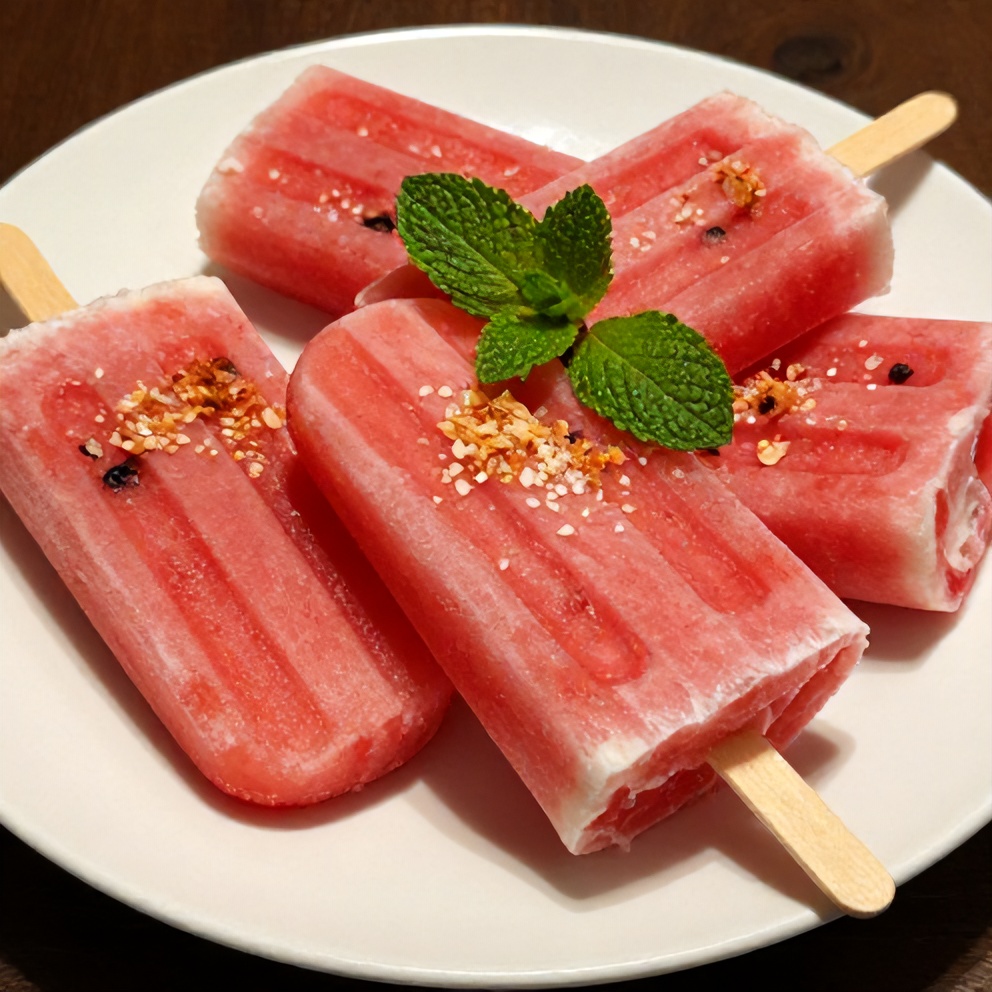 Watermelon coconut popsicles on a white plate