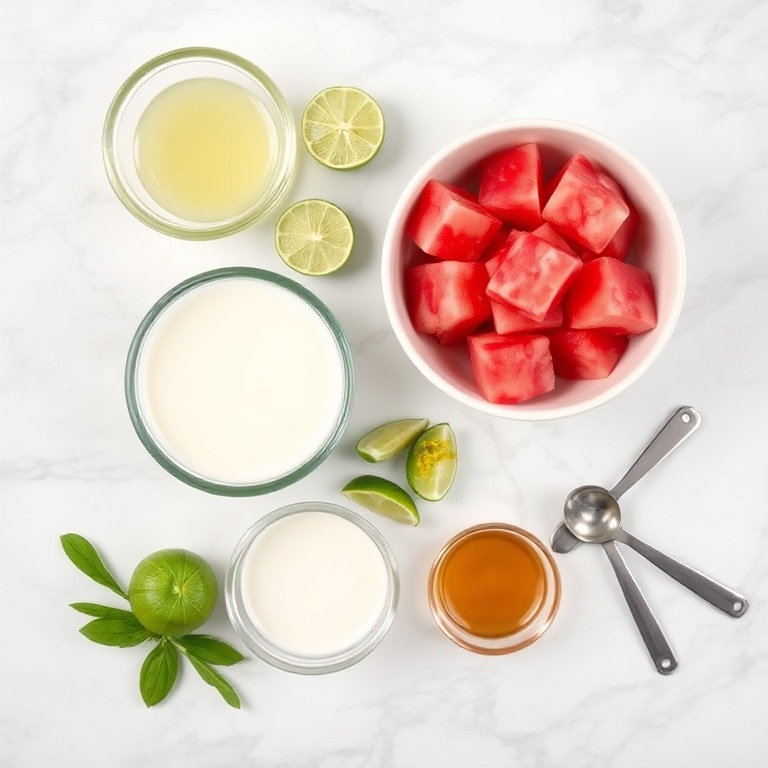 Ingredients for watermelon coconut popsicles on a white marble surface