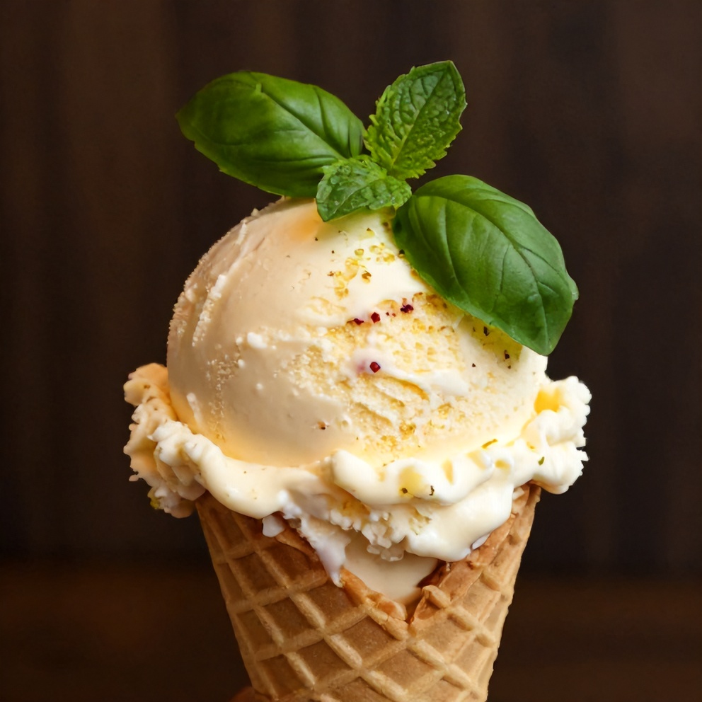Scoop of Roasted Strawberry Lime Basil Ice Cream on a cone