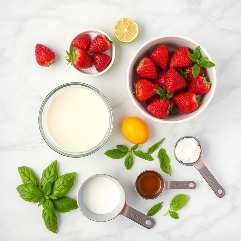 Raw ingredients for Roasted Strawberry Lime Basil Ice Cream on a marble surface