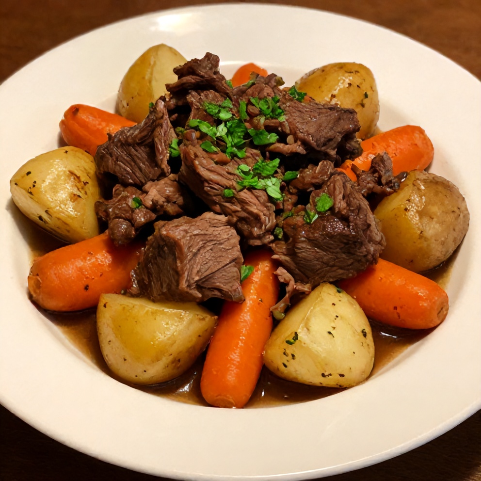 Plated slow cooker chuck roast with potatoes and carrots