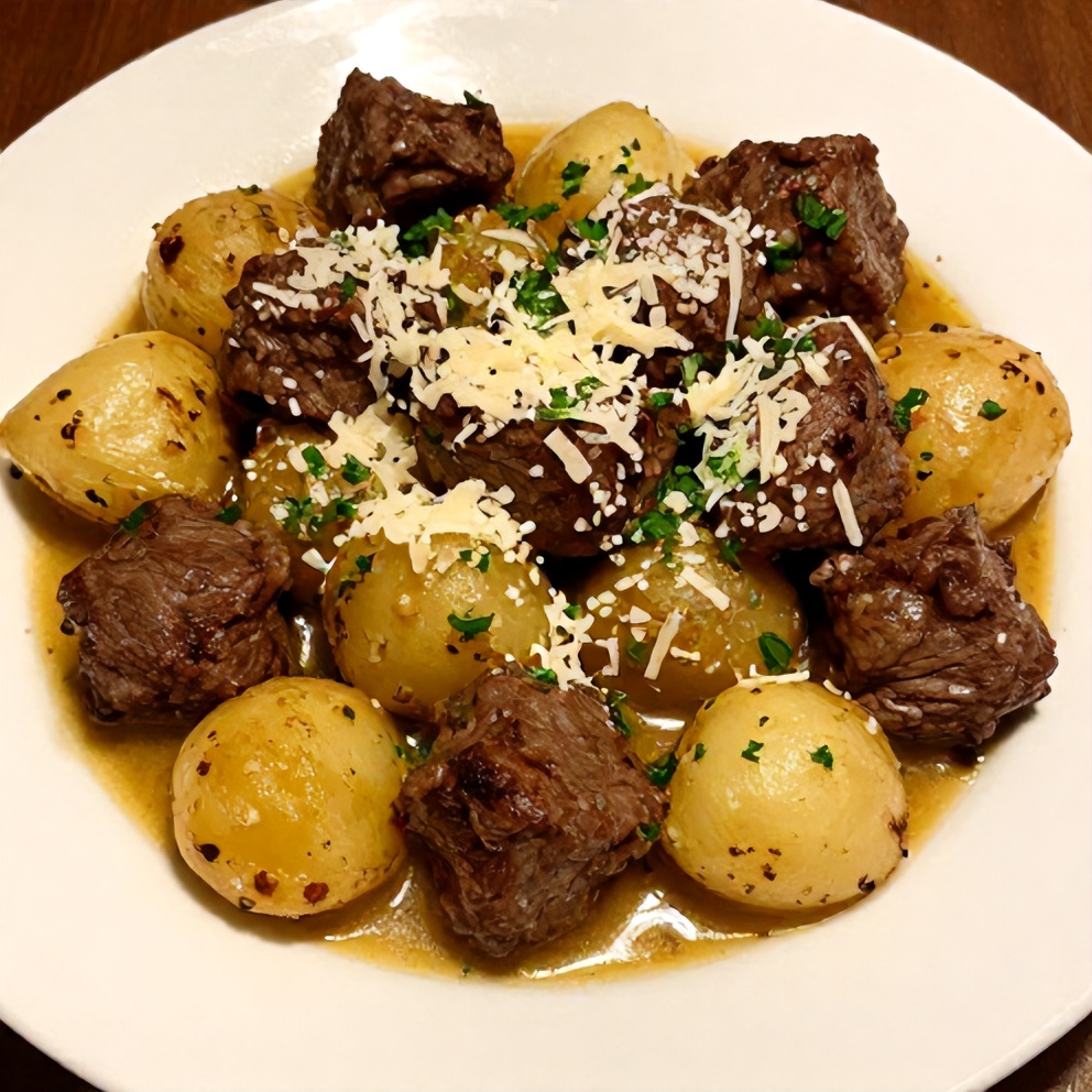 Slow Cooker Garlic Butter Beef Bites with Potatoes Final Dish