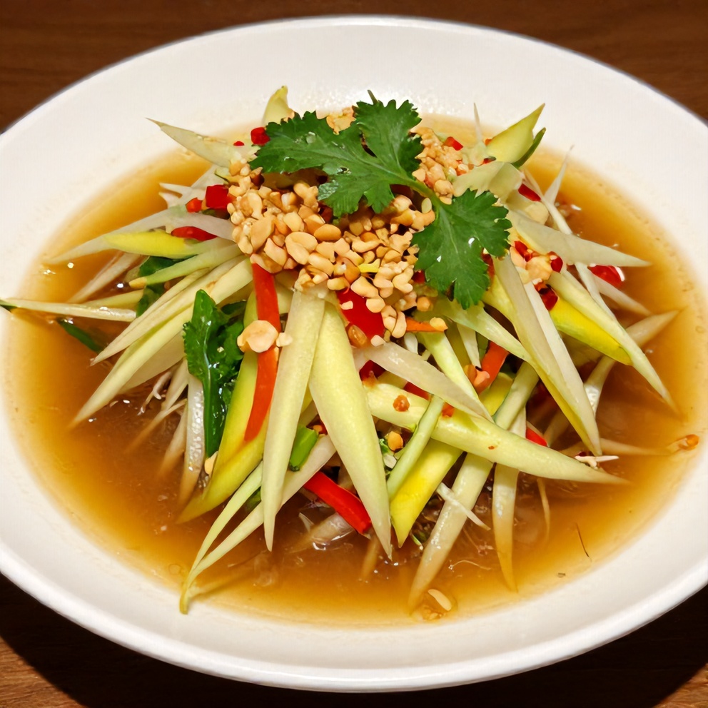 Plated Thai mango green papaya salad with chili lime dressing