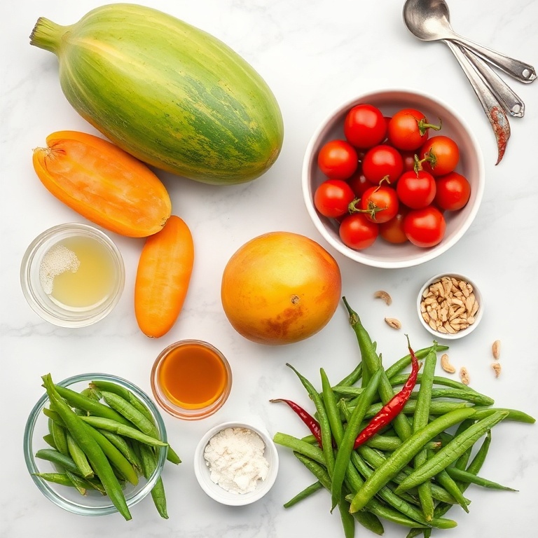 Raw ingredients for Thai mango green papaya salad