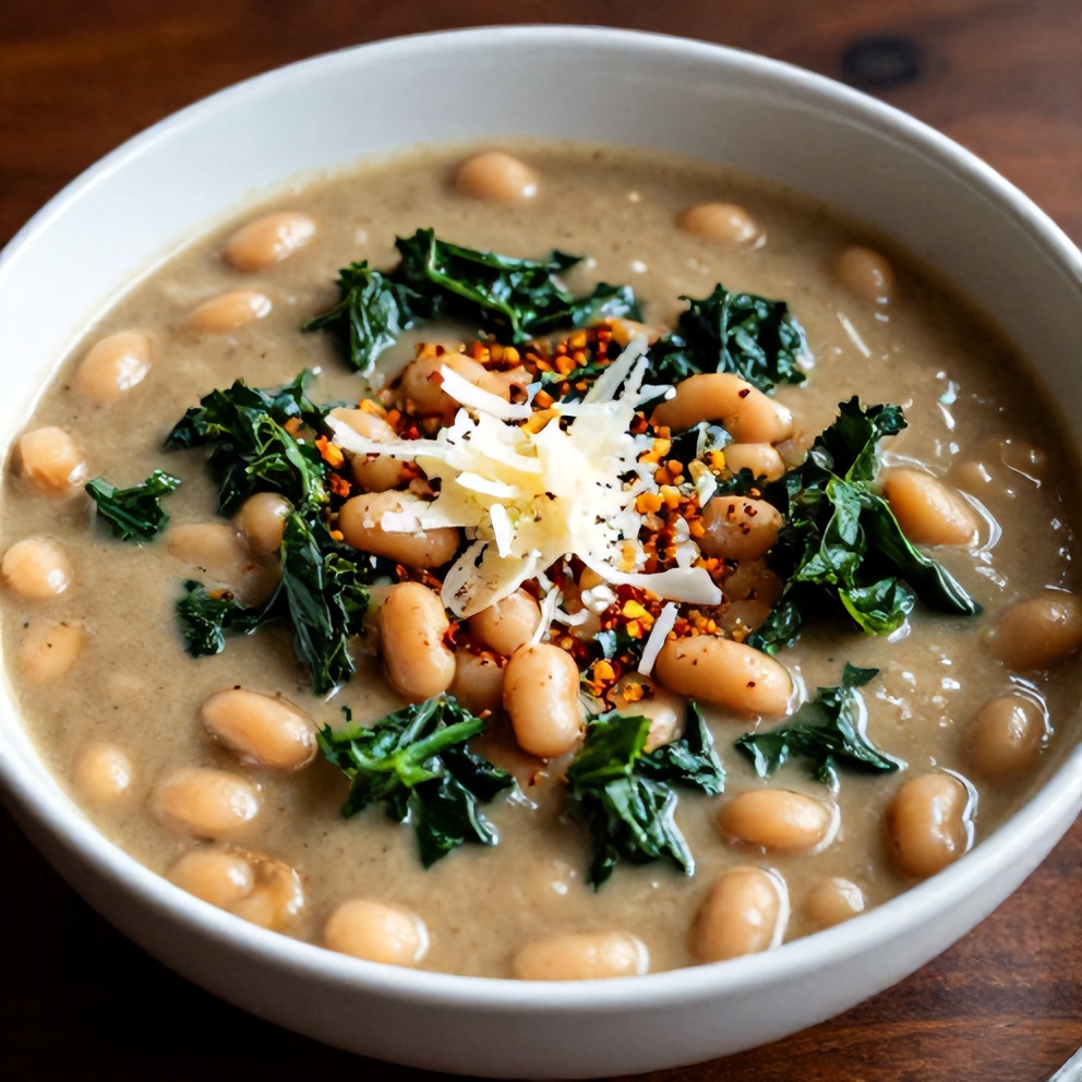 Bowl of white bean and kale soup with a slice of bread