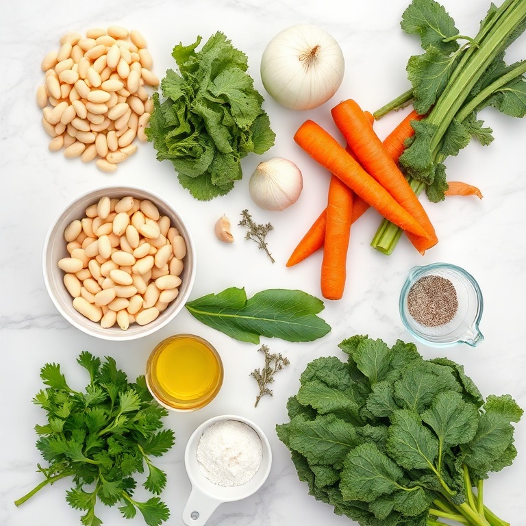 Raw ingredients for white bean and kale soup on a wooden surface