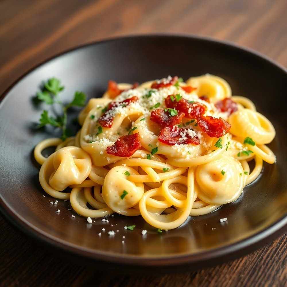 Plated tortellini carbonara with fresh parsley and grated parmesan