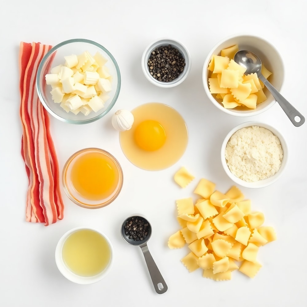 Raw ingredients for tortellini carbonara: bacon, garlic, eggs, parmesan, tortellini, black pepper