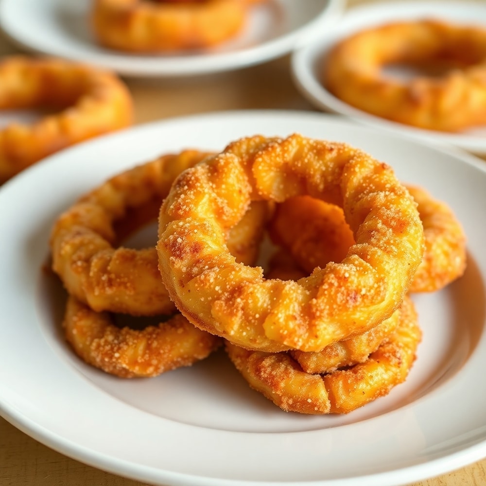 Plated serving of Crispy Air Fryer Cinnamon Apple Rings on a white plate
