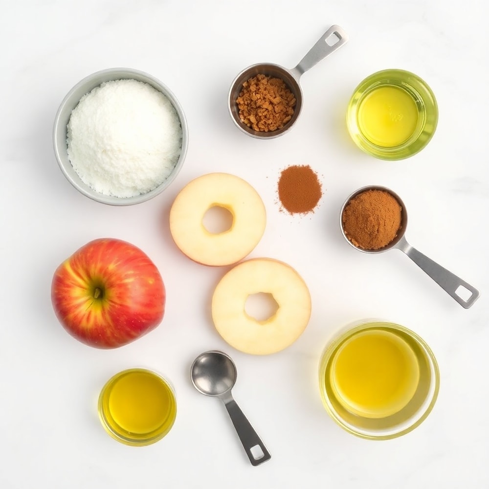 Raw ingredients for Air Fryer Cinnamon Apple Rings on a white marble surface