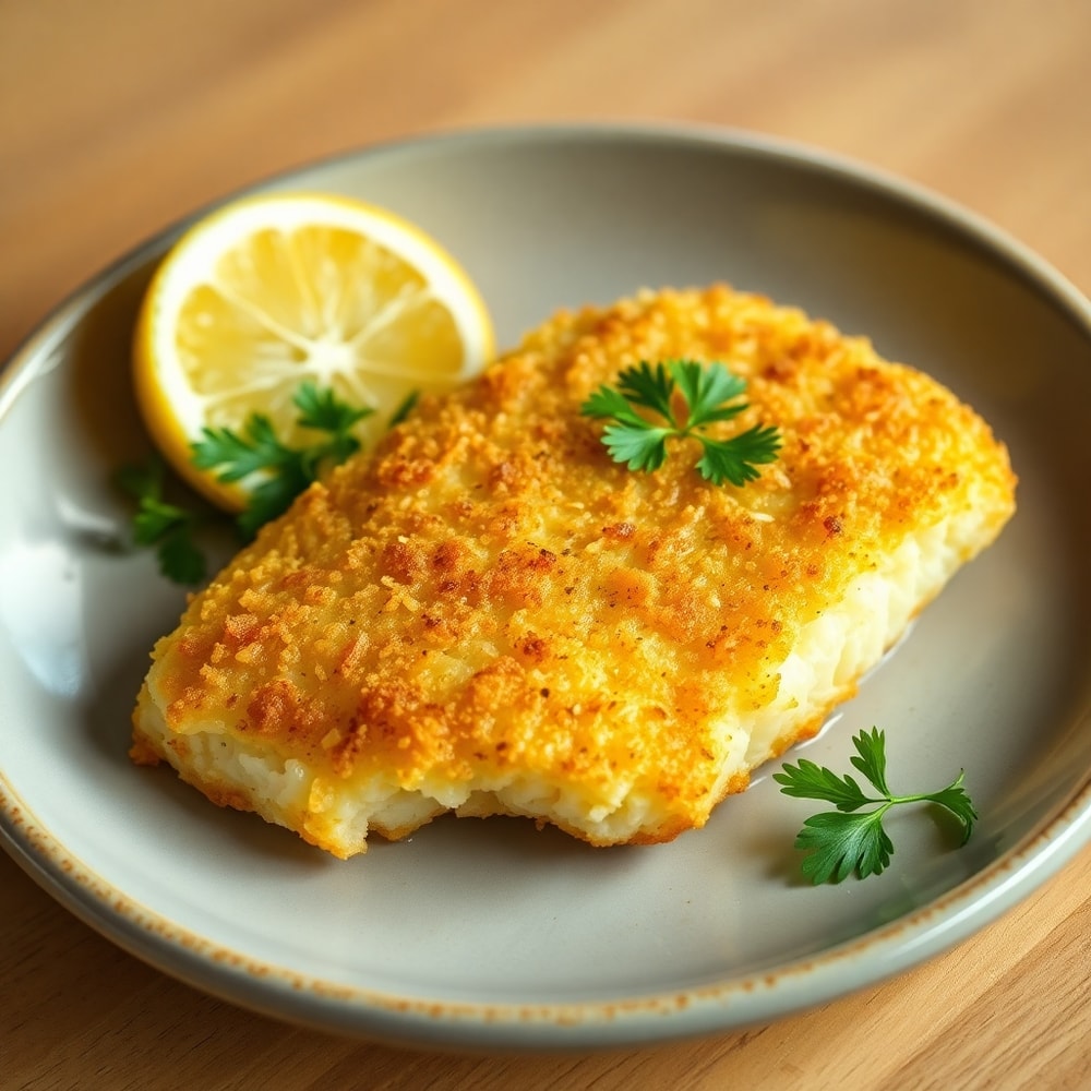 Plated Air Fryer Parmesan Cod with lemon and parsley garnish