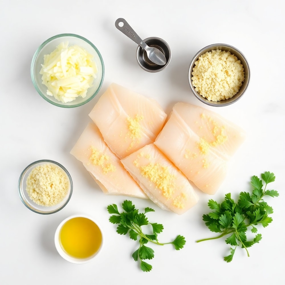 Raw ingredients for Air Fryer Parmesan Cod on a marble surface