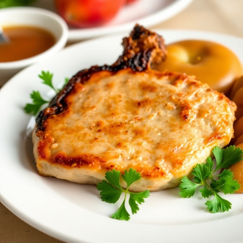 Plated Air Fryer Pork Chops with apple sauce