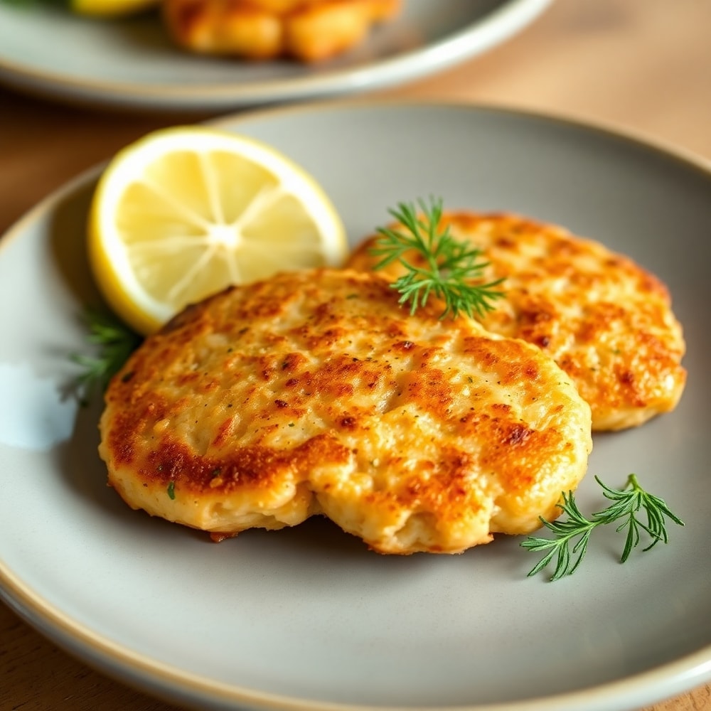 Plated Air Fryer Salmon Patties with Lemon