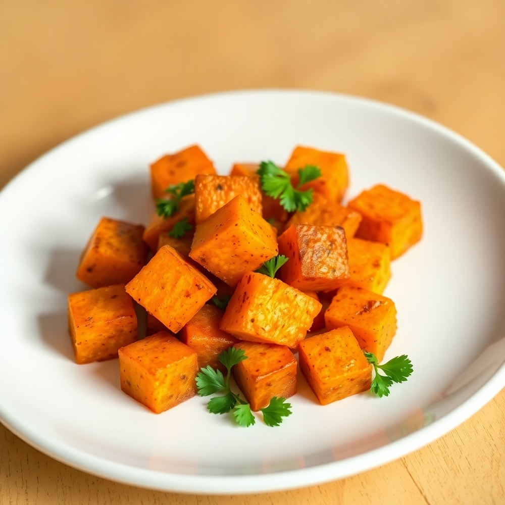 Plated Air Fryer Sweet Potato Cubes