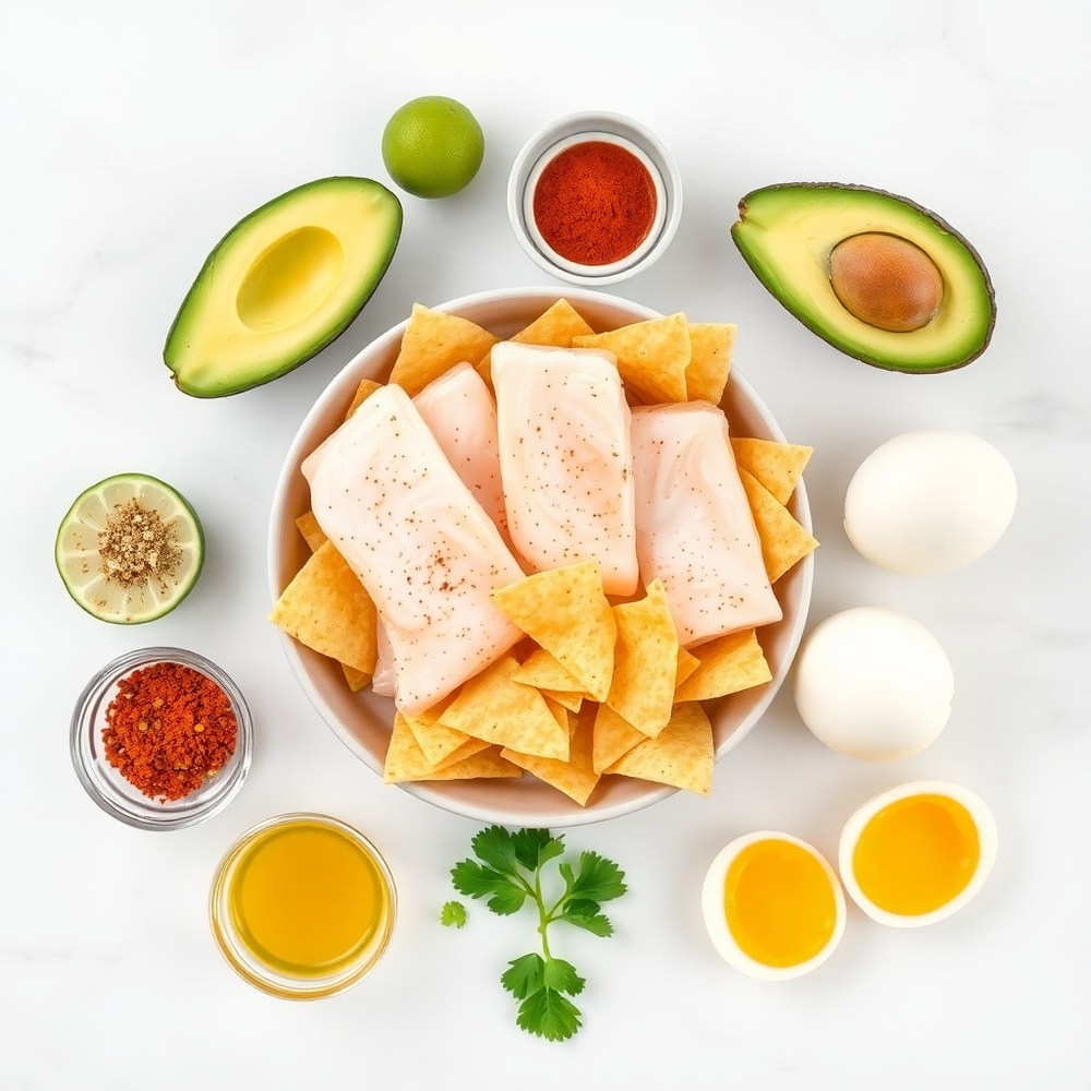 Raw ingredients for Baja Fish Taco Bowls: tilapia, tortilla chips, avocado, cabbage, lime, etc.