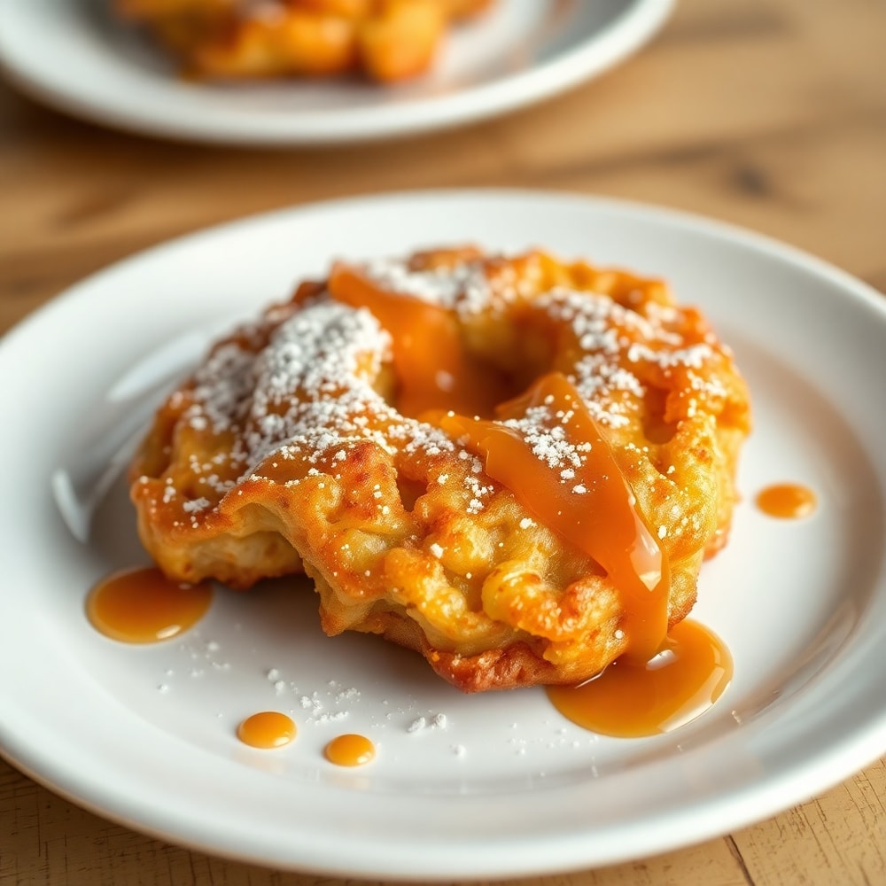 Plated Baked Apple Fritters with a sprinkle of powdered sugar
