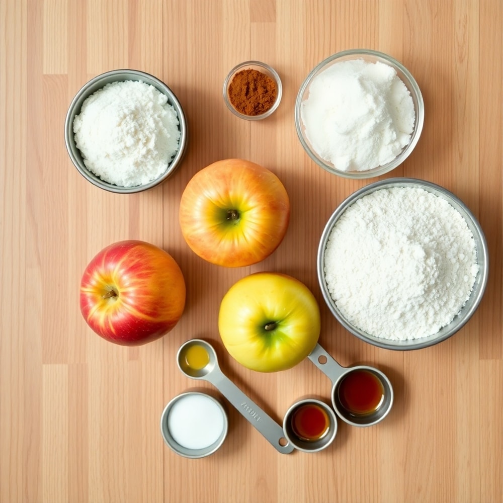Apple fritters ingredients on a wooden surface