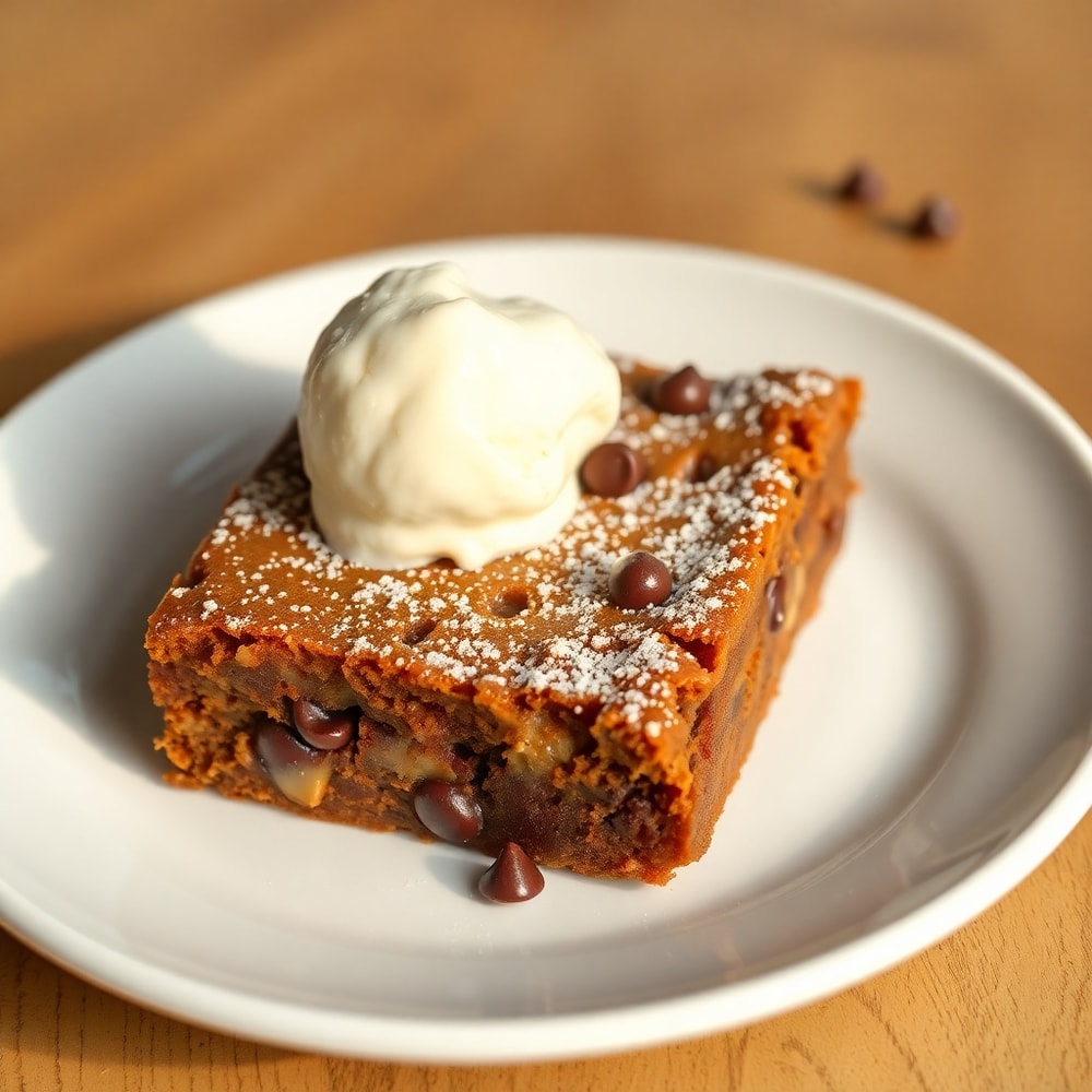 Plated banana bread brownies with a scoop of vanilla ice cream