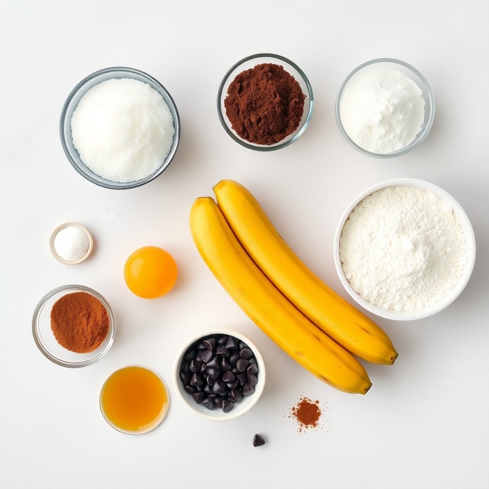 Banana, eggs, sugar, flour, chocolate chips, and other ingredients for banana bread brownies
