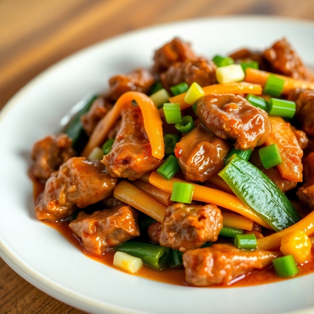 Plated beef stir fry with vegetables and green onions on a white plate