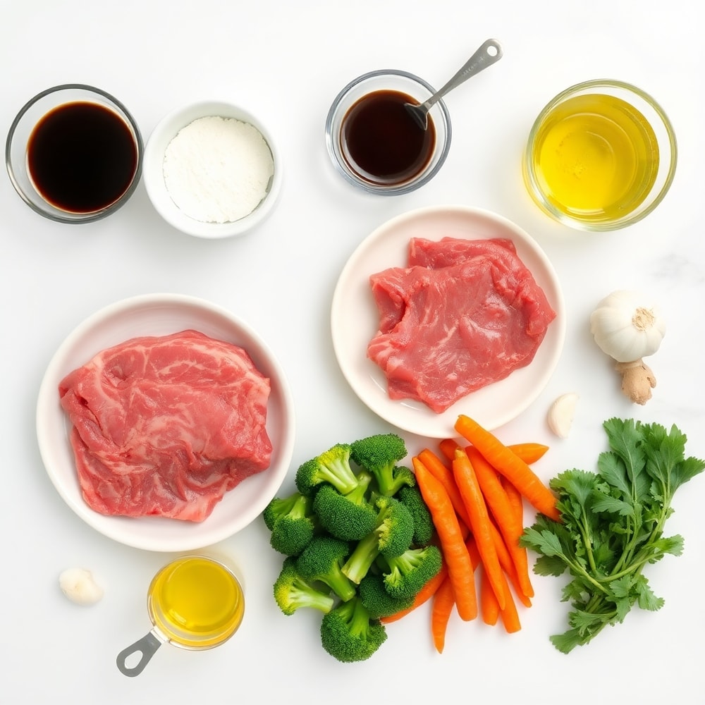 Raw ingredients for beef stir fry including beef, vegetables, and sauce arranged on a white marble surface