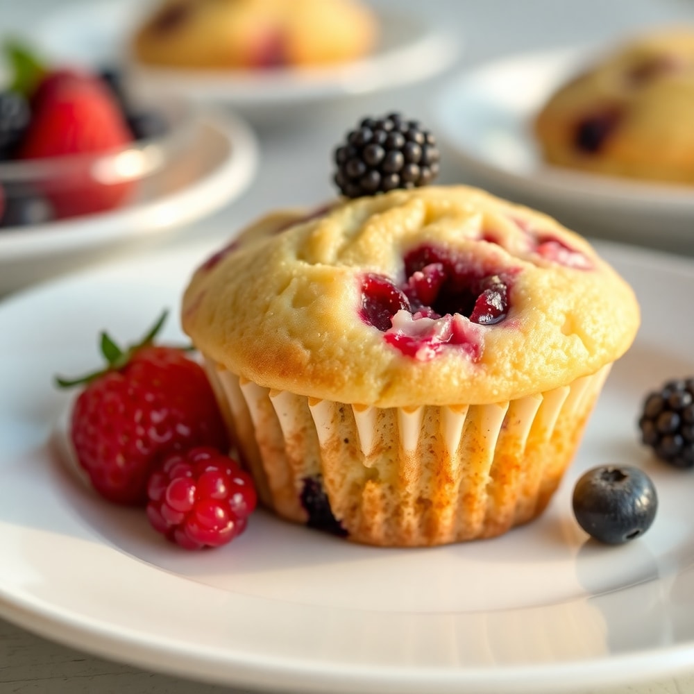 A close-up of a berry cream cheese muffin
