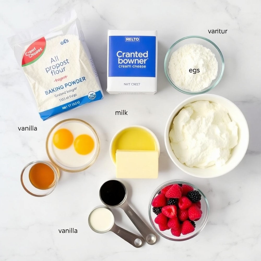 Ingredients for berry cream cheese muffins on a marble surface