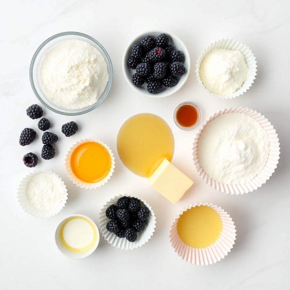 Blackberries, flour, sugar, eggs, butter, milk, baking powder, salt, vanilla extract, and muffin liners