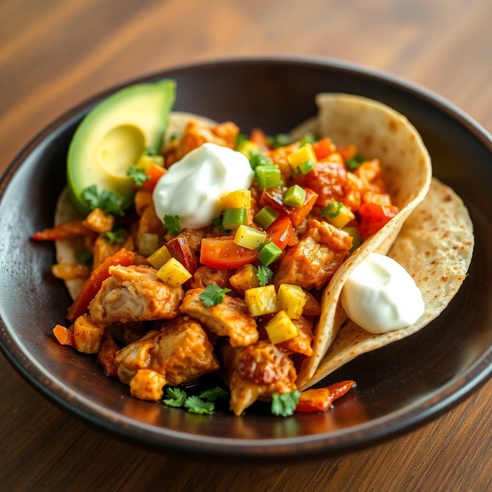 Plated slow cooker chicken fajitas with tortillas, guacamole, and sour cream