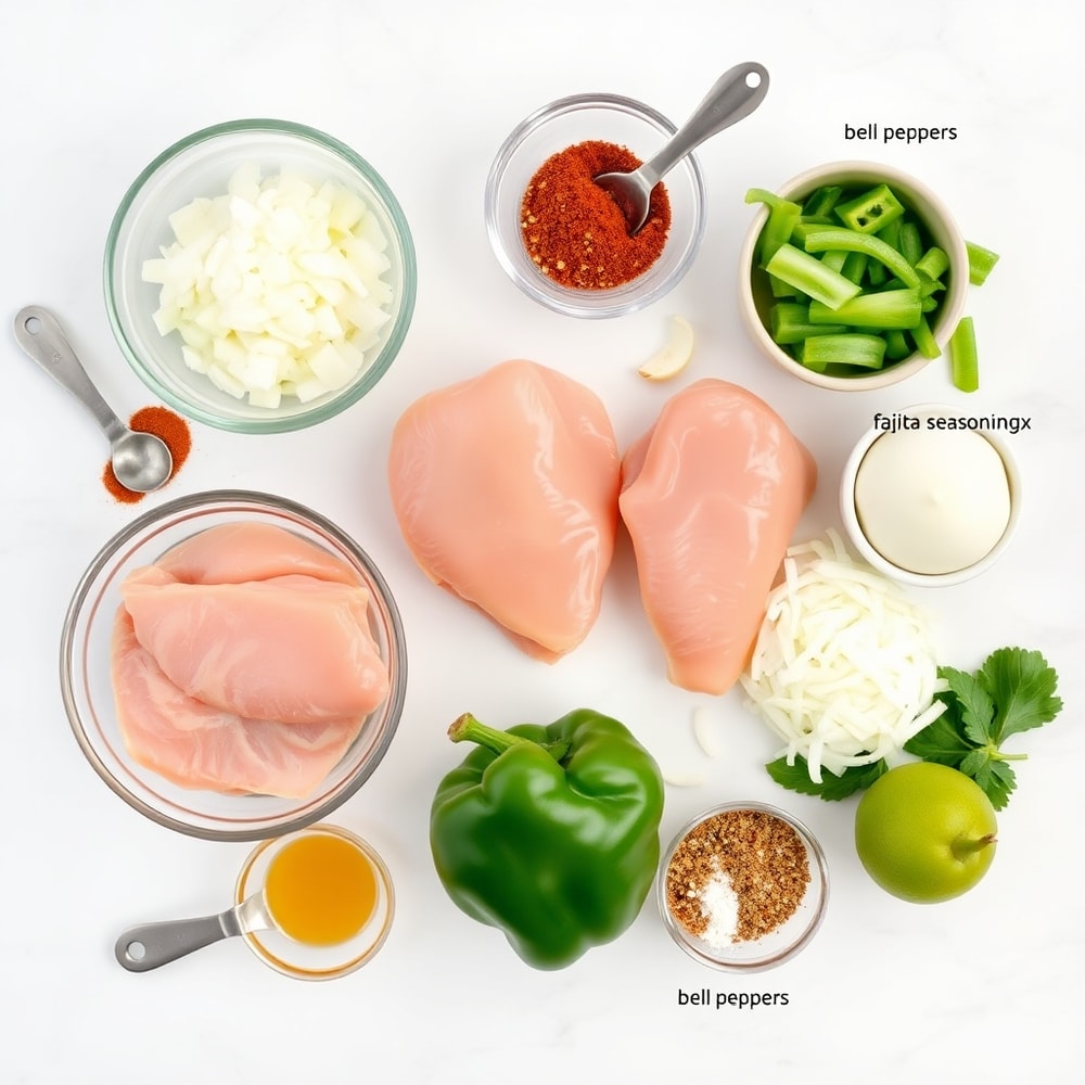 Raw ingredients for slow cooker chicken fajitas including chicken breasts, bell peppers, onions, and spices