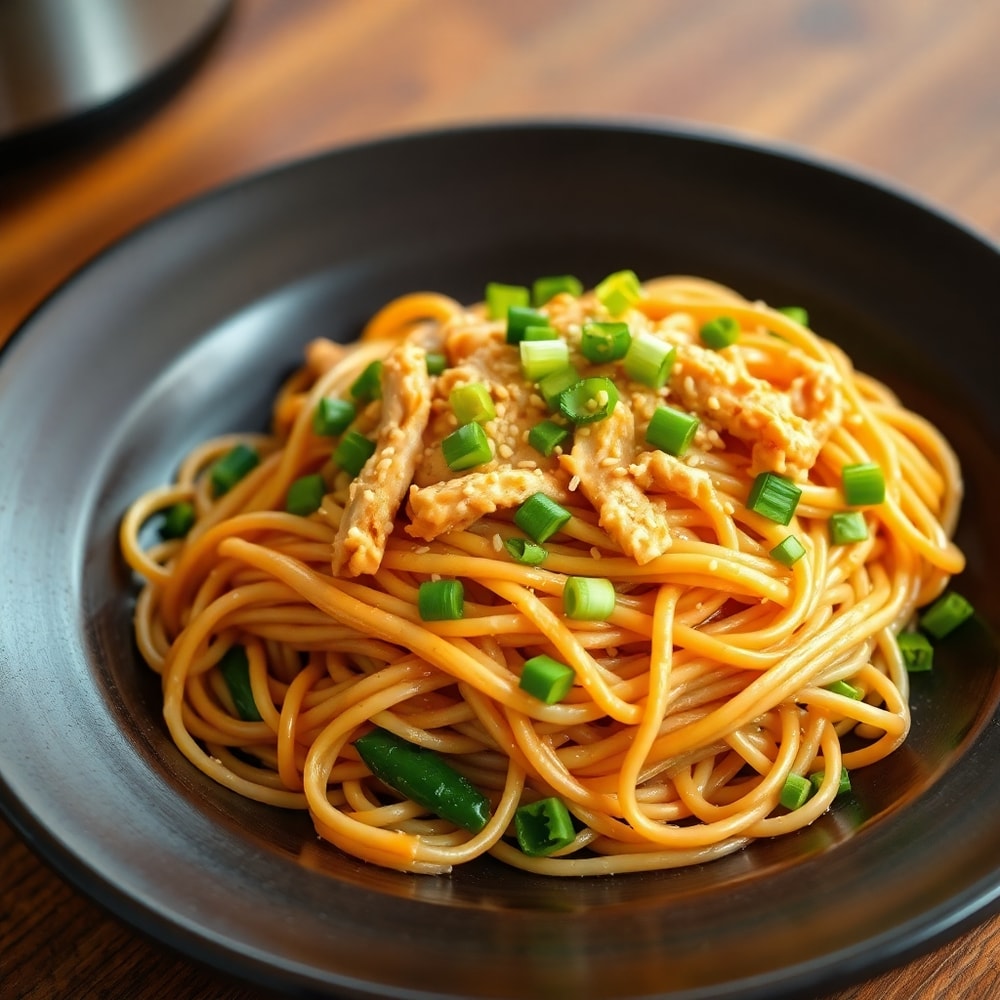 Plated Crockpot Chicken Lo Mein with green onions and sesame seeds