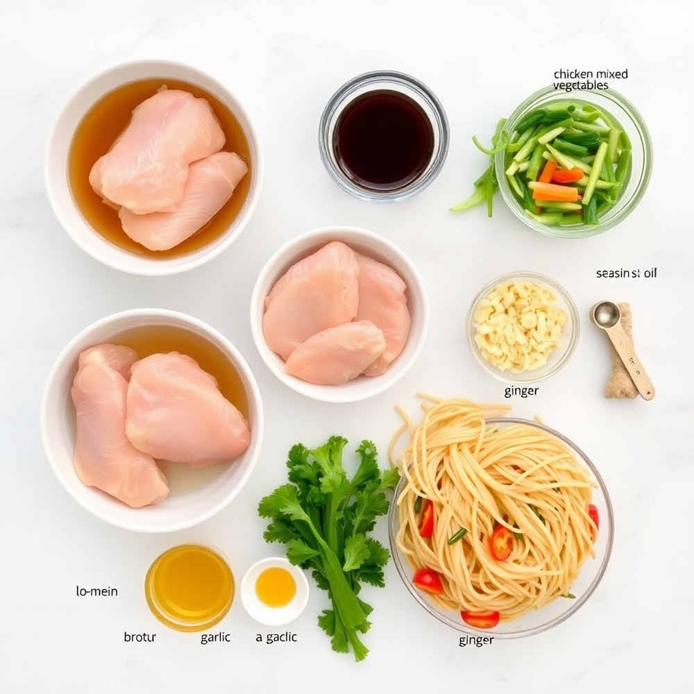 Crockpot Chicken Lo Mein ingredients including chicken, lo mein noodles, and colorful veggies