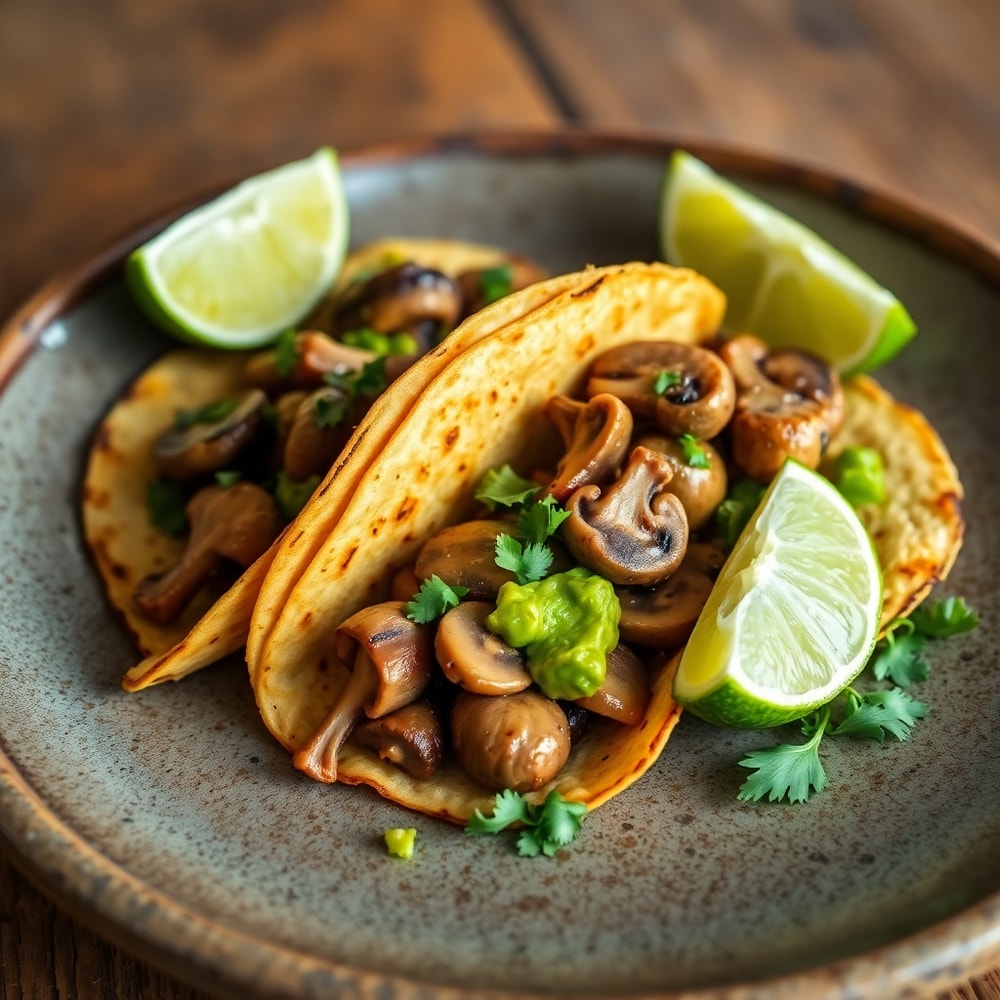 Mushroom tacos with avocado and lime on a rustic plate