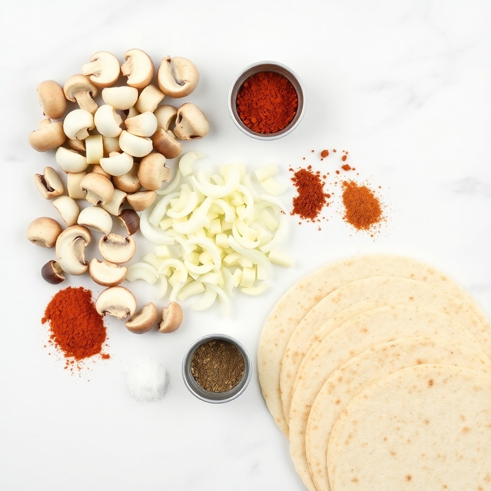 Mushrooms, garlic, onion, spices, and tortillas in a flat lay