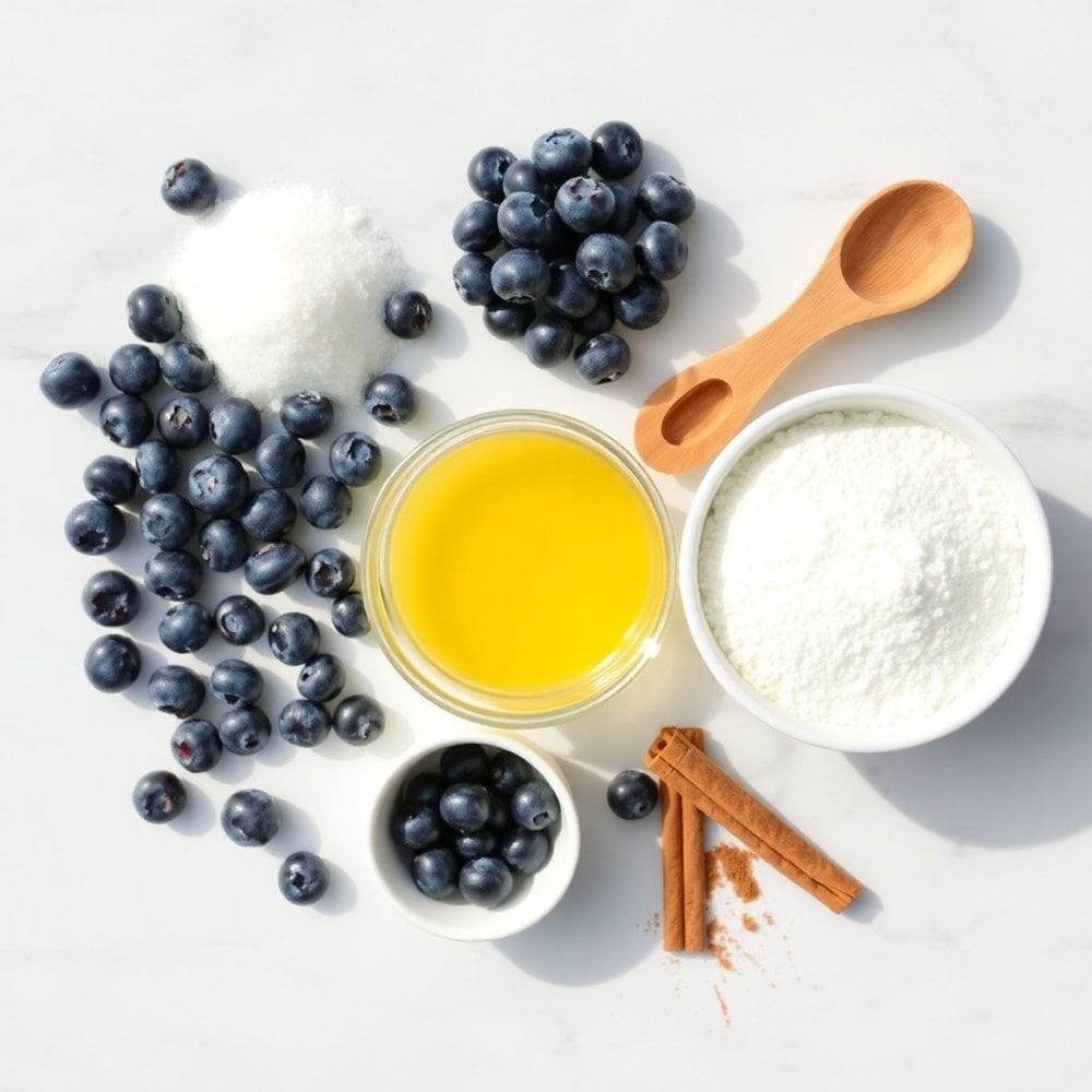 Blueberries, lemon, sugar, and cinnamon arranged on a wooden surface