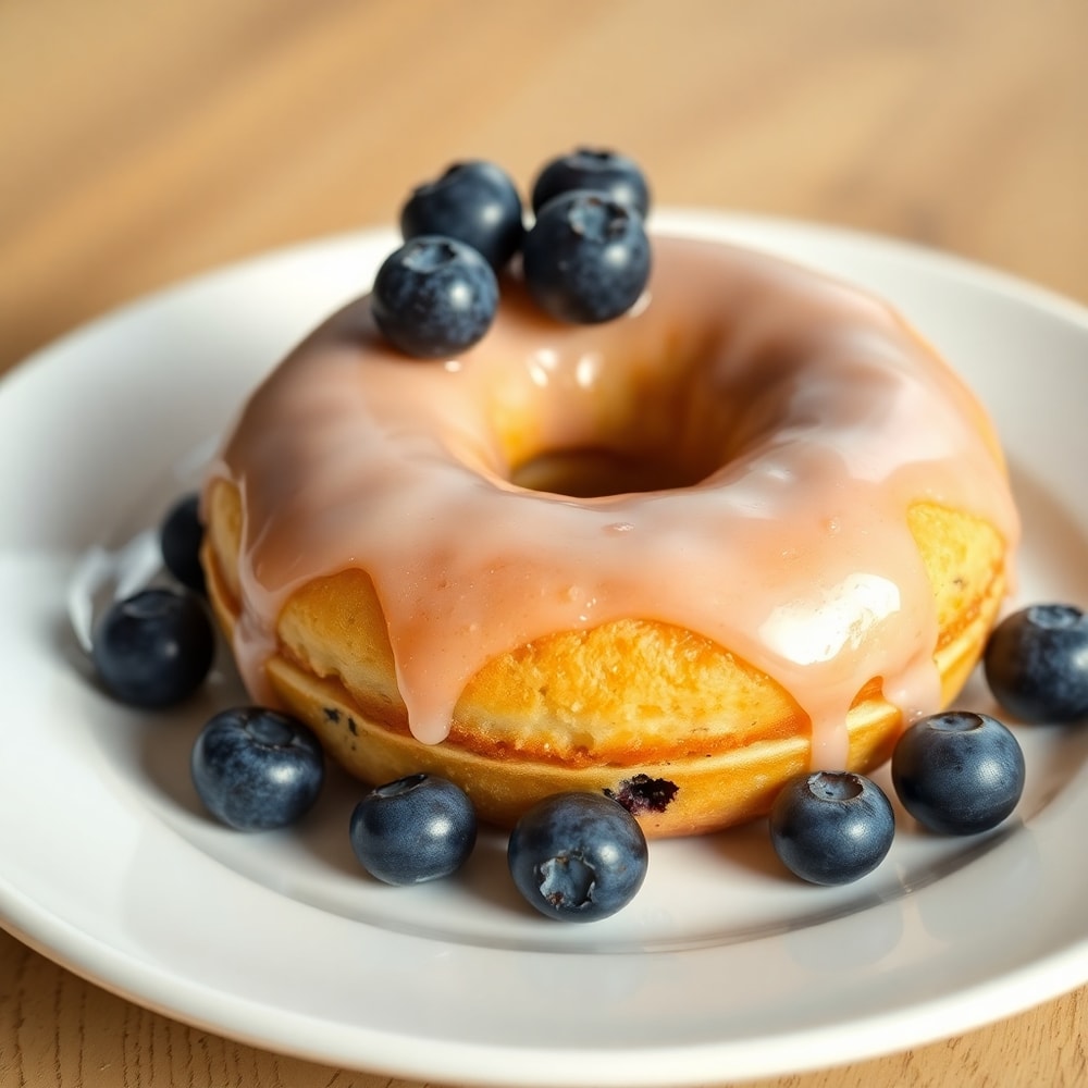 Plated blueberry cake donuts with glaze