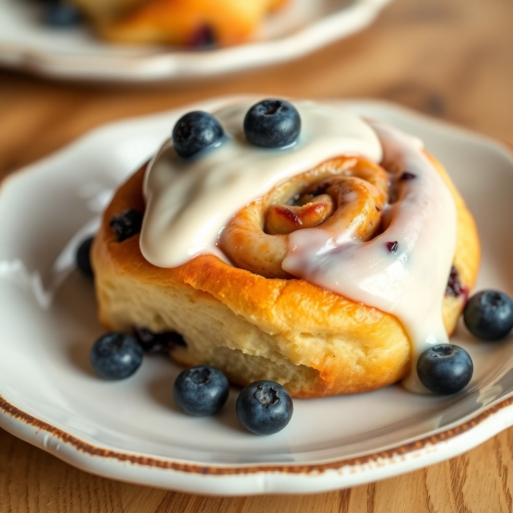 Plated blueberry cinnamon rolls with cream cheese frosting