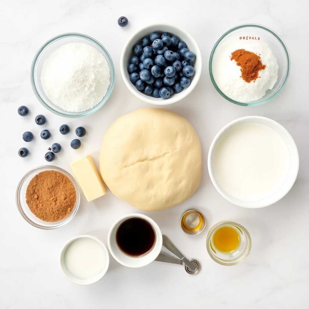 Blueberries, cinnamon, sugar, and other ingredients for blueberry cinnamon rolls