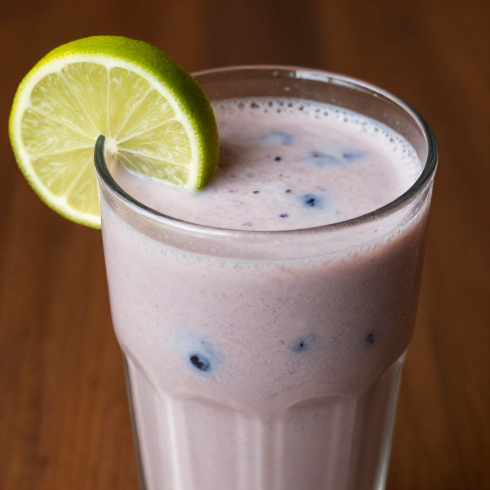 Blueberry coconut water drink poured in a glass with a lime wedge
