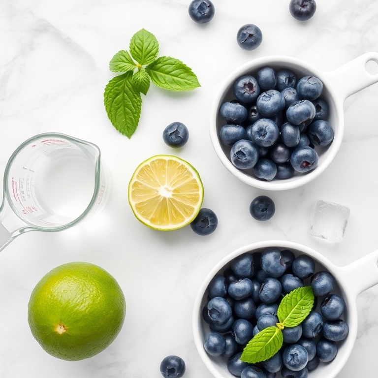 Blueberries, coconut water, lime, and ice arranged on a wooden surface