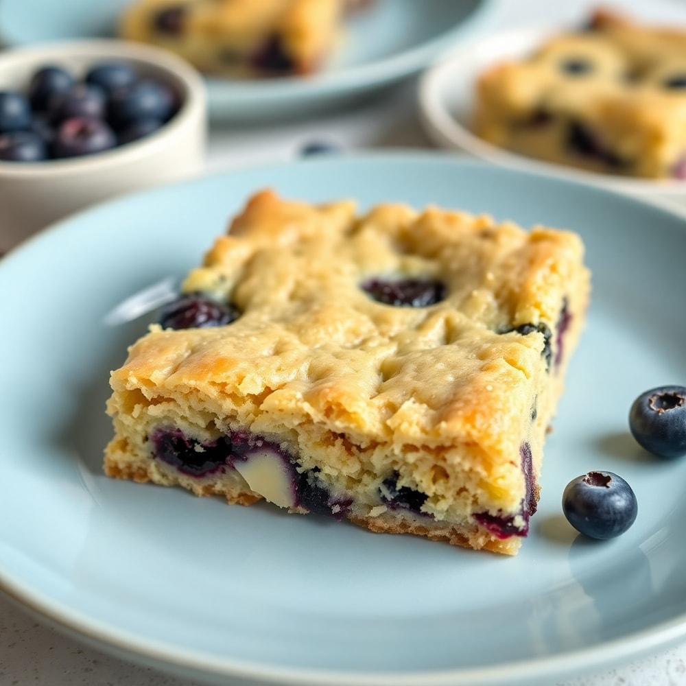 Gorgeous blueberry white chocolate blondies on a light blue plate