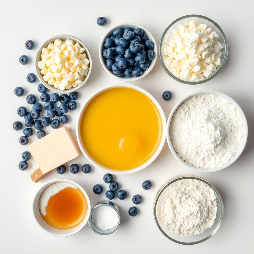 Blueberries, white chocolate chips, and other ingredients for blueberry white chocolate blondies