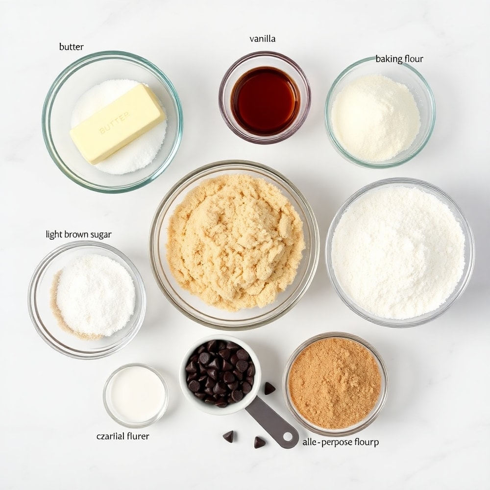 Raw ingredients for caramel crush bars on a white marble surface