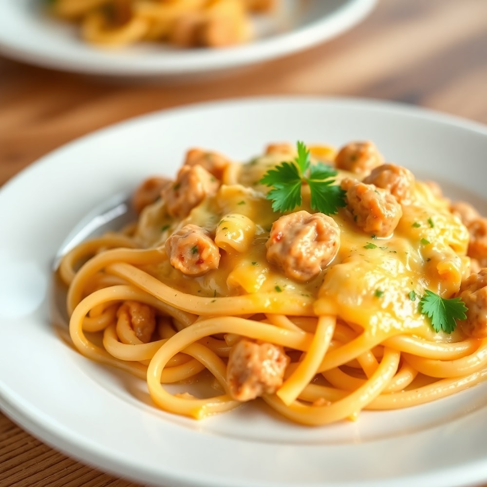 Creamy cheesy chicken and sausage pasta filling 95% of the frame at a 35-degree angle, showing bubbling cheese, golden crust, and rich meat sauce layers in the cut cross-section. Warm natural light from the left. Dark wooden surface barely visible at edges.