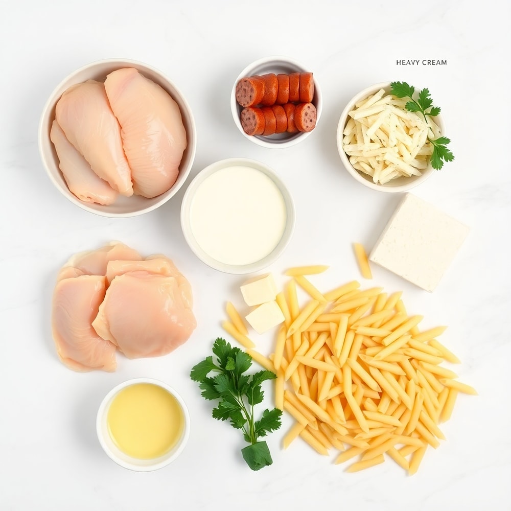 Raw ingredients for cheesy chicken sausage pasta arranged as an overhead flat lay on white marble surface. Most prominent ingredients: chicken breasts, Italian sausage, heavy cream, Parmesan cheese, and penne pasta. Bright even natural light, no harsh shadows.
