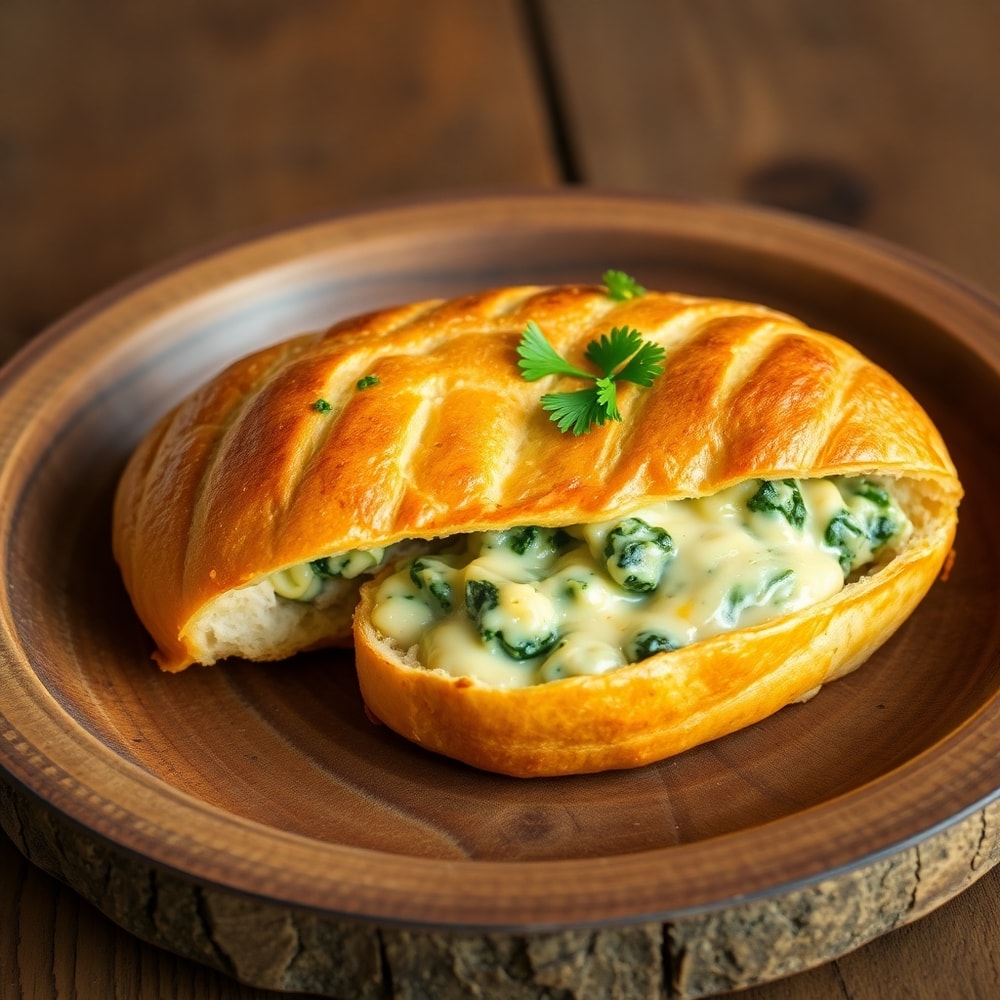 Cheesy spinach artichoke baguette slice on rustic plate