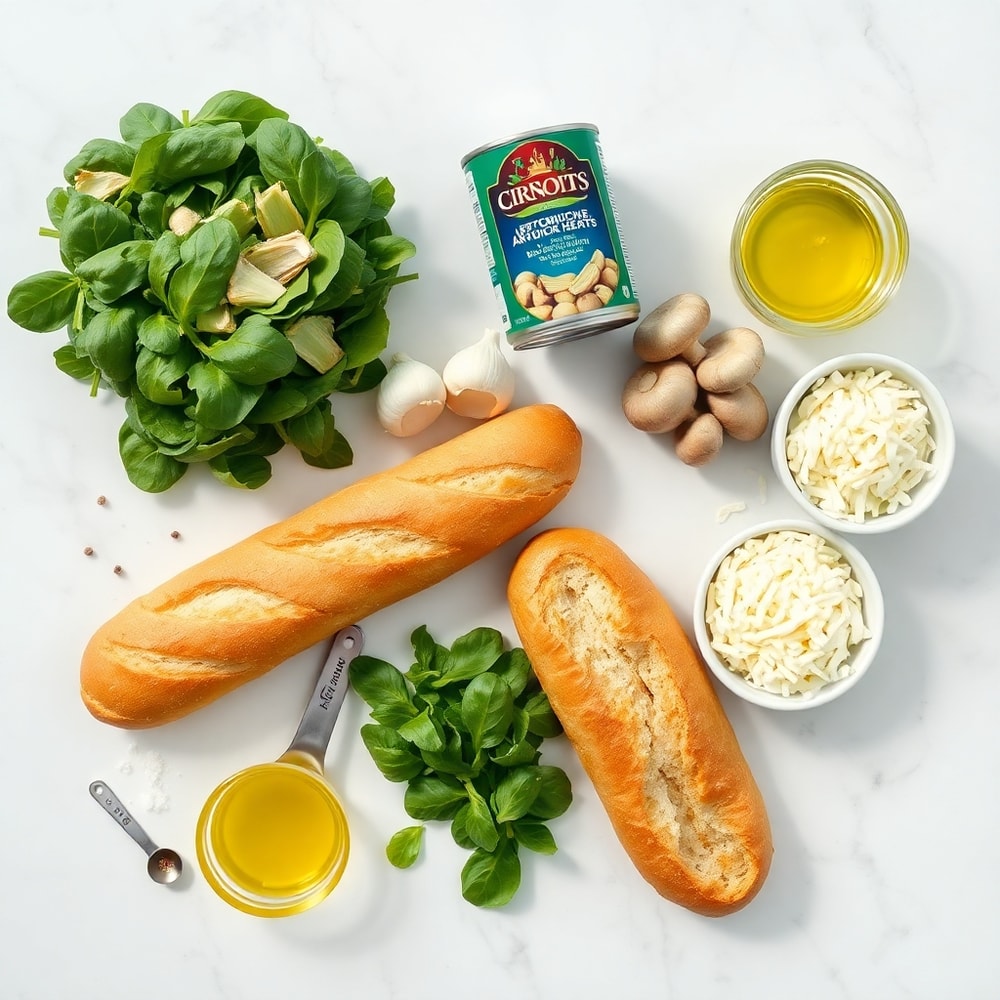 Spinach artichoke baguette ingredients on marble surface